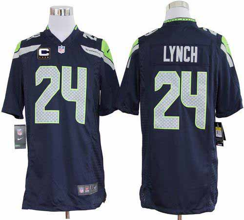 Seahawks #24 Marshawn Lynch Steel Blue With C Patch Men's Stitched NFL Game Jersey