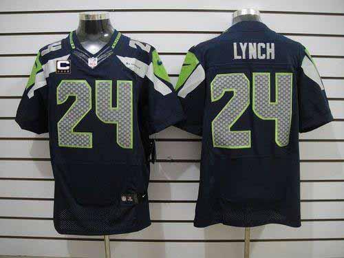 Seahawks #24 Marshawn Lynch Steel Blue Team Color With C Patch Men's Stitched NFL Elite Jersey