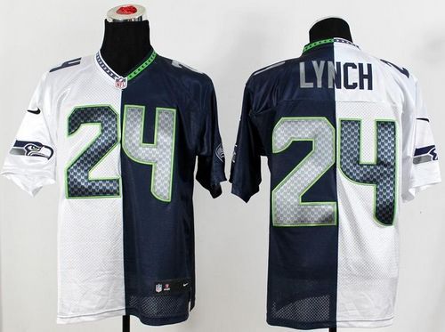 Seahawks #24 Marshawn Lynch White/Steel Blue Men's Stitched NFL Elite Split Jersey