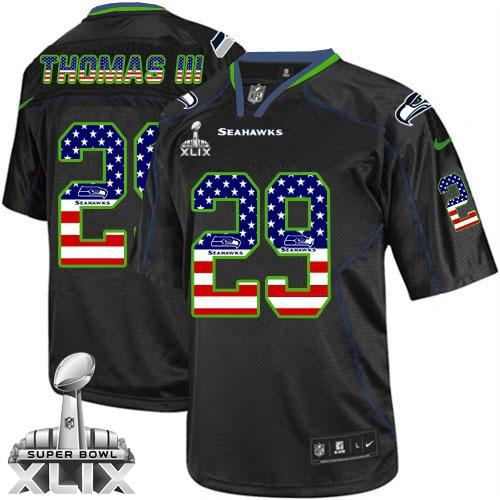 Seahawks #29 Earl Thomas III Black Super Bowl XLIX Men's Stitched NFL Elite USA Flag Fashion Jersey