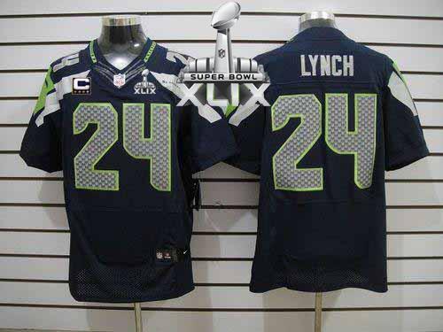 Seahawks #24 Marshawn Lynch Steel Blue Team Color With C Patch Super Bowl XLIX Men's Stitched NFL Elite Jersey