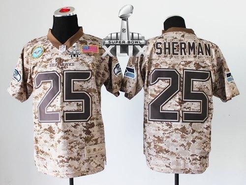 Seahawks #25 Richard Sherman Camo Super Bowl XLIX Men's Stitched NFL New Elite USMC Jersey