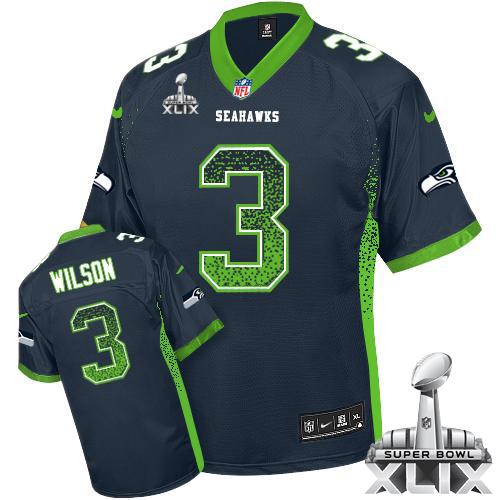 Seahawks #3 Russell Wilson Steel Blue Team Color Super Bowl XLIX Men's Stitched NFL Elite Drift Fashion Jersey