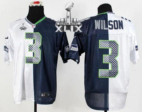 Seahawks #3 Russell Wilson White/Steel Blue Super Bowl XLIX Men's Stitched NFL Elite Split Jersey