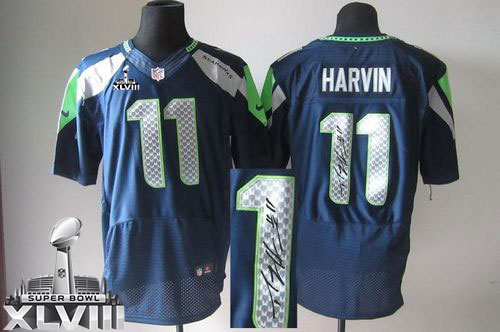Seahawks #11 Percy Harvin Steel Blue Team Color Super Bowl XLVIII Men's Stitched NFL Elite Autographed Jersey