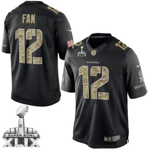 Seahawks #12 Fan Black Super Bowl XLIX Men's Stitched NFL Limited Salute to Service Jersey
