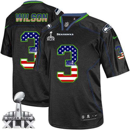 Seahawks #3 Russell Wilson Black Super Bowl XLIX Men's Stitched NFL Elite USA Flag Fashion Jersey