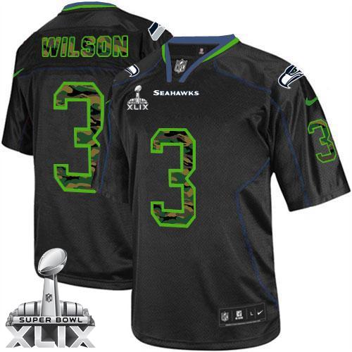 Seahawks #3 Russell Wilson Black Super Bowl XLIX Men's Stitched NFL Elite Camo Fashion Jersey