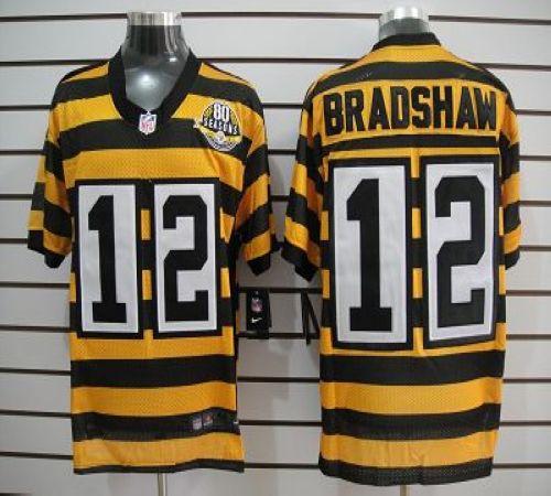 Steelers #12 Terry Bradshaw Yellow/Black Alternate 80TH Throwback Men's Stitched NFL Elite Jersey
