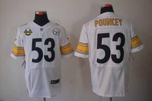 Steelers #53 Maurkice Pouncey White With 80TH Patch Men's Stitched NFL Elite Jersey