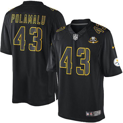 Steelers #43 Troy Polamalu Black With 80TH Patch Men's Stitched NFL Impact Limited Jersey