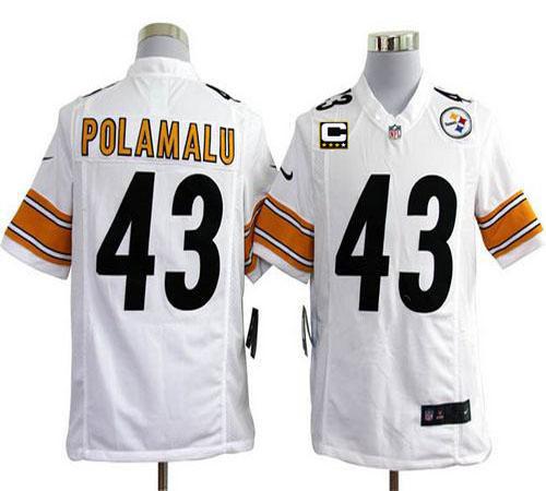 Steelers #43 Troy Polamalu White With C Patch Men's Stitched NFL Game Jersey