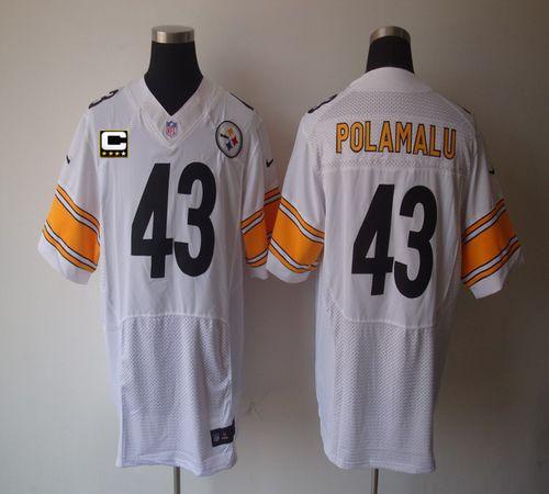 Steelers #43 Troy Polamalu White With C Patch Men's Stitched NFL Elite Jersey