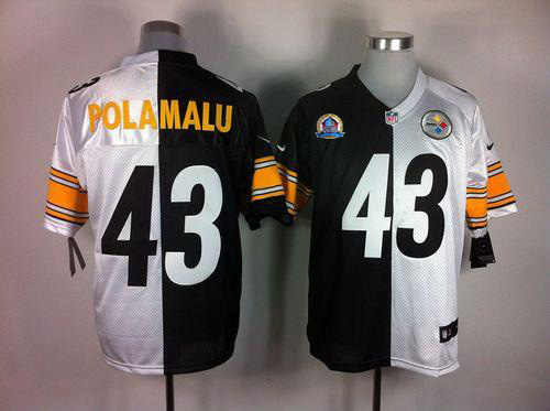 Steelers #43 Troy Polamalu White/Black With Hall of Fame 50th Patch Men's Stitched NFL Elite Split Jersey