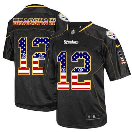 Steelers #12 Terry Bradshaw Black Men's Stitched NFL Elite USA Flag Fashion Jersey