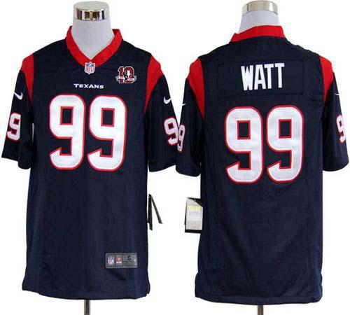 Texans #99 J.J. Watt Navy Blue Team Color With 10th Patch Men's Stitched NFL Game Jersey