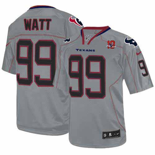 Texans #99 J.J. Watt Lights Out Grey With 10th Patch Men's Stitched NFL Elite Jersey