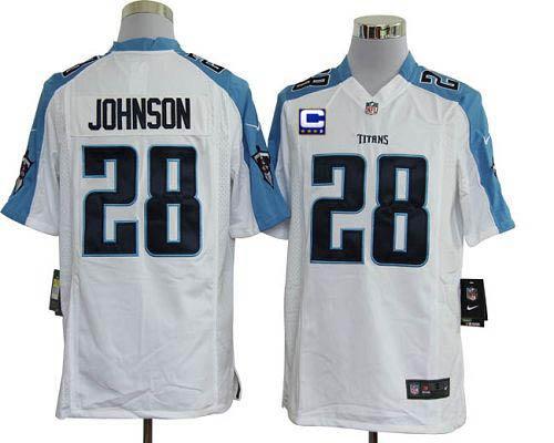 Titans #28 Chris Johnson White With C Patch Men's Stitched NFL Game Jersey