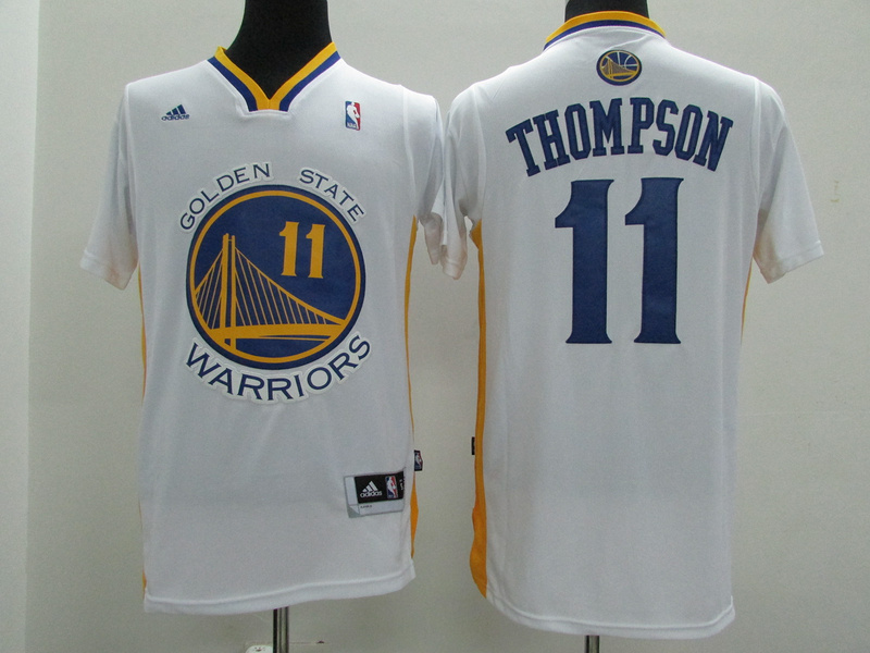 2014 2015 NBA Golden State Warriors 11 Klay Thompson New Revolution 30 Swingman White Jersey with Sleeve