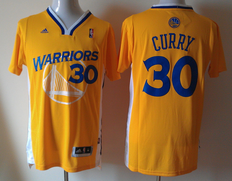 2014 2015 NBA Golden State Warriors 30 Stephen Curry New Revolution 30 Swingman Yellow Jersey with Sleeve