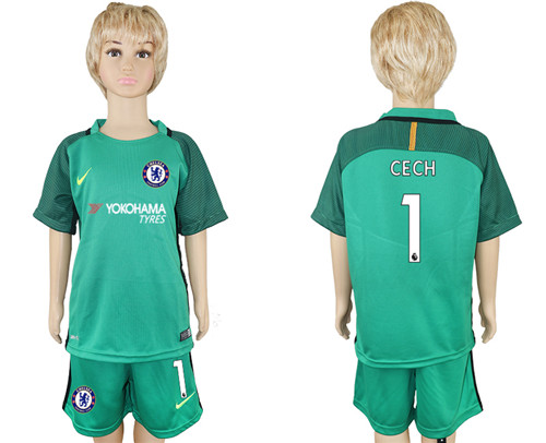 2017 18 Chelsea 1 CECH Green Goalkeeper Youth Soccer Jersey