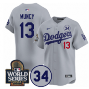 MLB Dodgers 13 Max Muncy Gray 2024 World Series with 34 Patch Nike Cool Base Jersey