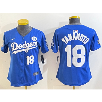 MLB Dodgers 18 Yoshinobu Yamamoto Blue 2024 World Series with 34 Patch Nike Cool Base Women Jersey