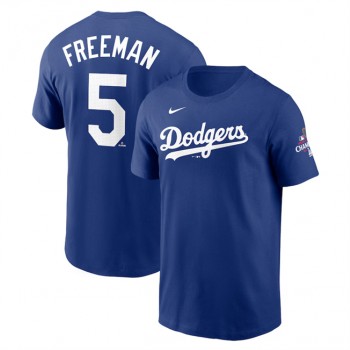 MLB Dodgers 5 Freddie Freeman Royal 2024 World Series Champions Name & Number T Shirt