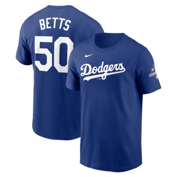 MLB Dodgers 50 Mookie Betts Royal 2024 World Series Champions Name & Number T Shirt