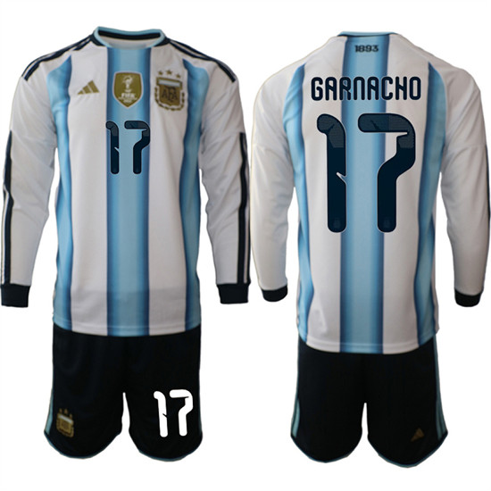 Men's Argentina 17 GARNACHO Long Sleeve National Team FIFA x World Cup 2026 Home White On Field Jersey