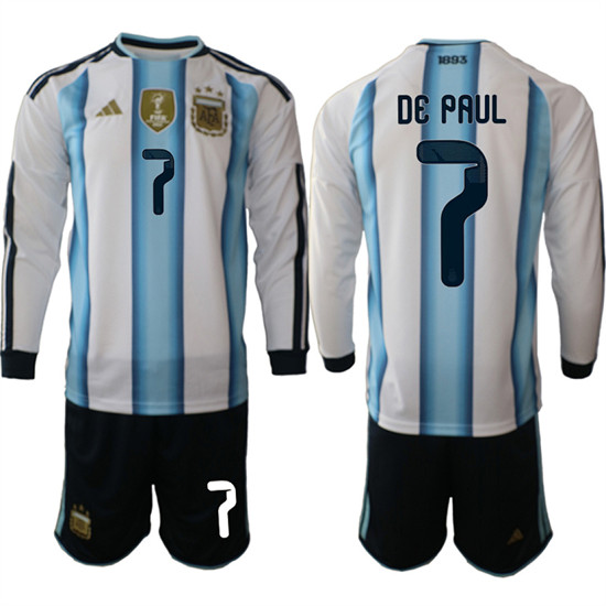 Men's Argentina 7 DE PAUL Long Sleeve National Team FIFA x World Cup 2026 Home White On Field Jersey