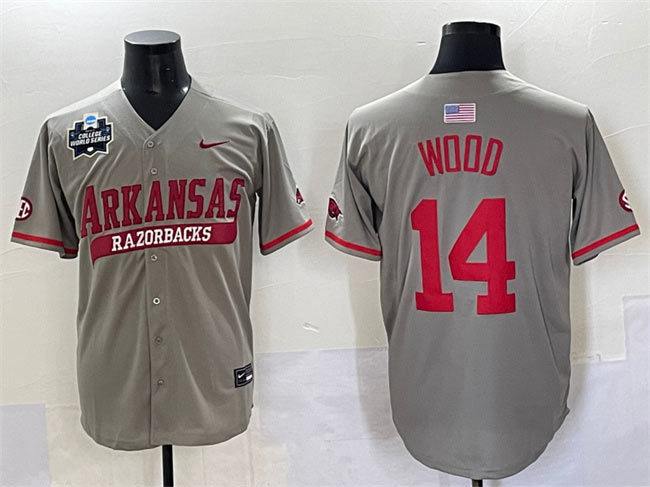 Men's Arkansas Razorbacks 14 Gage Wood Grey 2025 World Series & SEC Patch Stitched Jersey