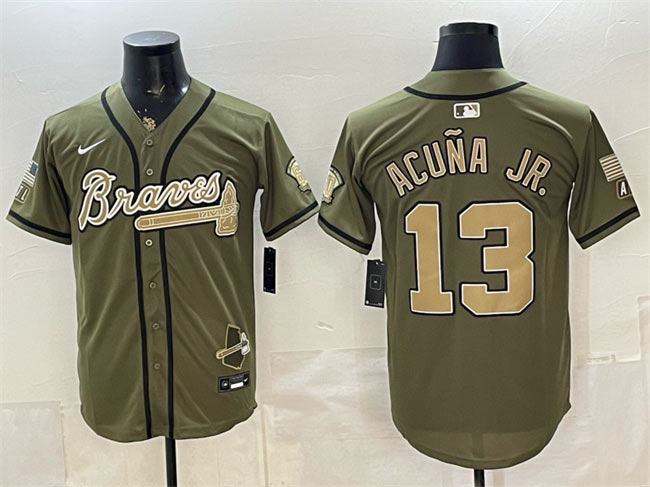 Men's Atlanta Braves 13 Ronald Acuna Jr. Olive 2026 Armed Forces Day Stitched Baseball Jersey