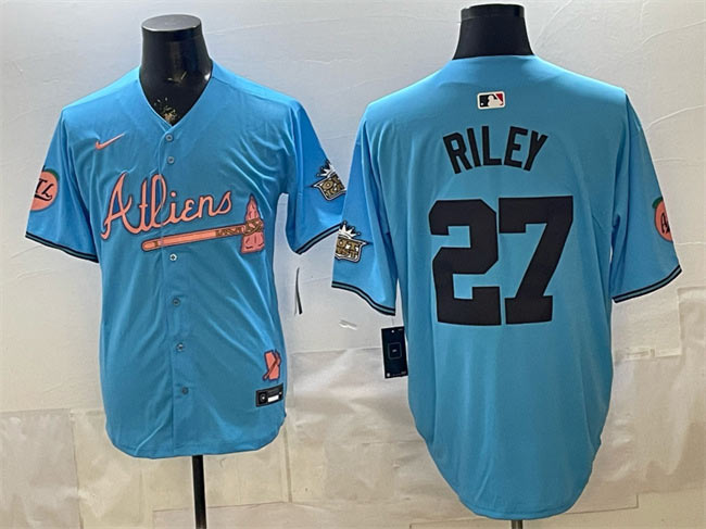Men's Atlanta Braves 27 Austin Riley Blue 2024 Atliens & Peach With Outkast Patch Vapor Limited Stitched Baseball Jersey