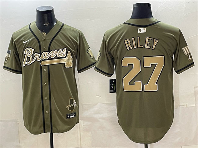 Men's Atlanta Braves 27 Austin Riley Olive 2026 Armed Forces Day Stitched Baseball Jersey