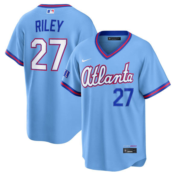 Men's Atlanta Braves 27 Austin Riley Powder Blue 2026 City Connect Stadium Stitched Baseball Jersey