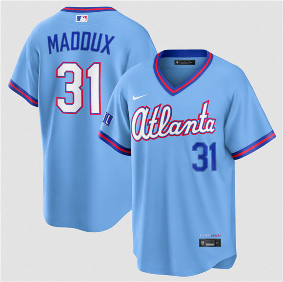 Men's Atlanta Braves 31 Greg Maddux Powder Blue 2026 City Connect Stadium Stitched Baseball Jersey