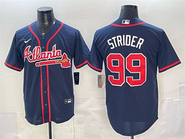 Men's Atlanta Braves 99 Spencer Strider Navy Cool Base Stitched Baseball Jersey