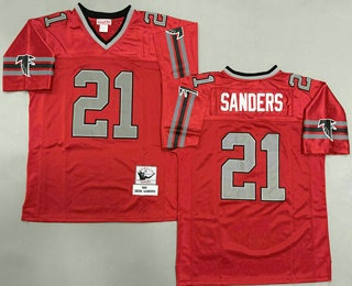 Men's Atlanta Falcons 21 Deion Sanders Red Grey 1992 Throwback Jersey