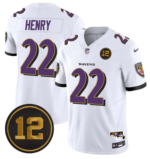 Men's Baltimore Ravens 22 Derrick Henry White 2025 F.U.S.E Jacoby Jones Patch Vapor Limited Football Jersey