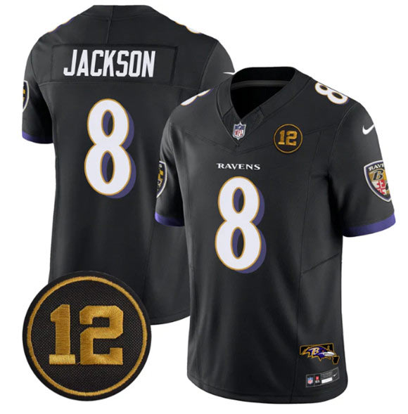 Men's Baltimore Ravens 8 Lamar Jackson Black 2025 F.U.S.E Jacoby Jones Patch Vapor Limited Football Jersey