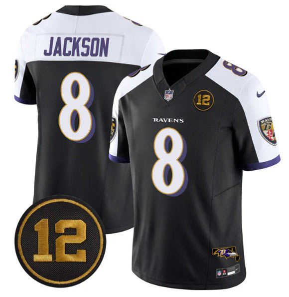 Men's Baltimore Ravens 8 Lamar Jackson Black Alternate 2025 F.U.S.E Jacoby Jones Patch Vapor Limited Football Jersey