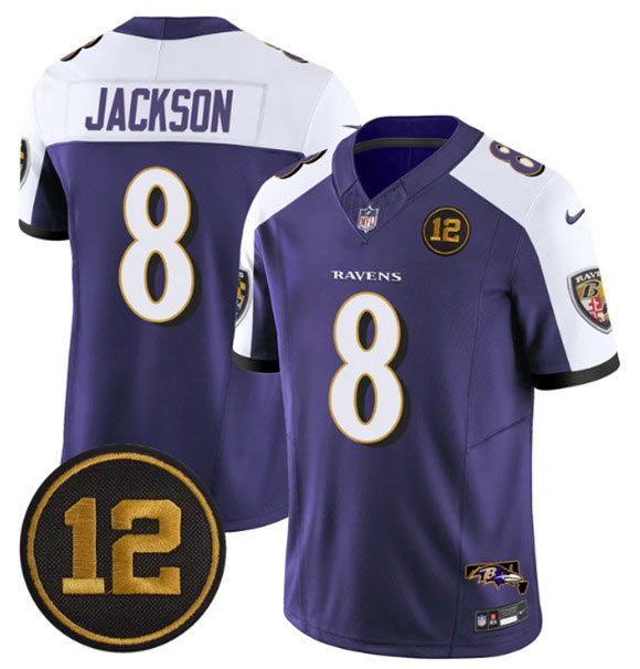 Men's Baltimore Ravens 8 Lamar Jackson Purple Alternate 2025 F.U.S.E Jacoby Jones Patch Vapor Limited Football Jersey