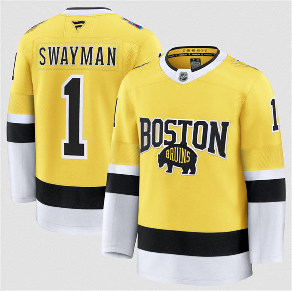 Men's Boston Bruins 1 Jeremy Swayman Gold 2026 Stadium Series Stitched Hockey Jersey