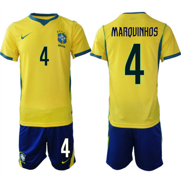 Men's Brazil national football team 4 Marquinhos Yellow Home 2026 Soccer Jersey Suit