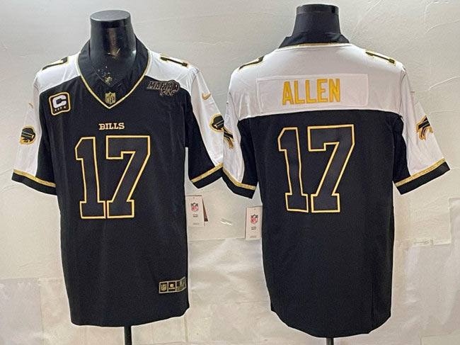 Men's Buffalo Bills 17 Josh Allen Black Gold 2025 F.U.S.E. With Bills Mafia Patch & 4 Star C Patch Vapor Limited Football Stitched Jersey