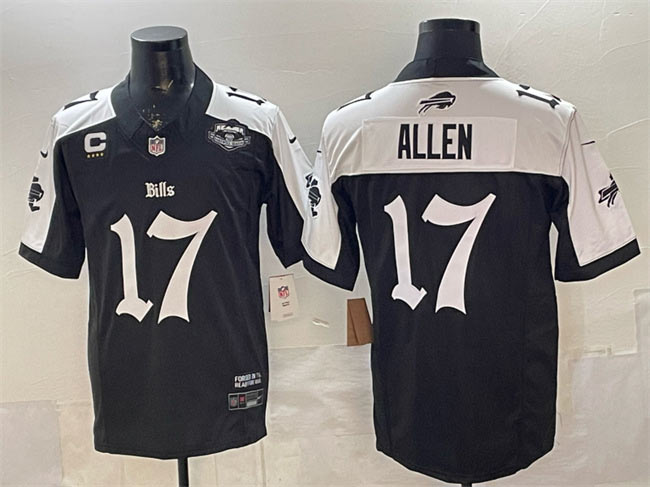 Men's Buffalo Bills 17 Josh Allen Black White 2025 F.U.S.E. 'Gothic Cold Front Edition' With Farewell Patch & 4 Star C Patch Vapor Limited Football Stitched Jersey