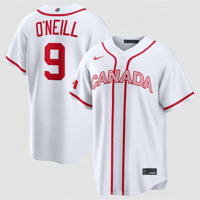 Men's Canada Baseball 9 Tyler O'Neill White 2026 World Baseball Classic Home Stadium Stitched Jersey