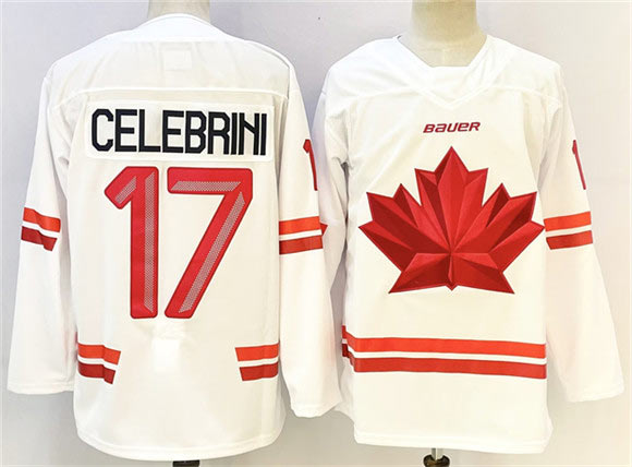 Men's Canada Hockey 17 Macklin Celebrini White Stitched Jersey