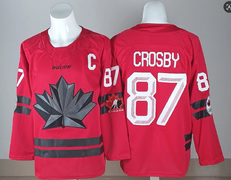 Men's Canada Hockey 87 Sidney Crosby With C Patch Red 2026 Olympics Stitched Jersey